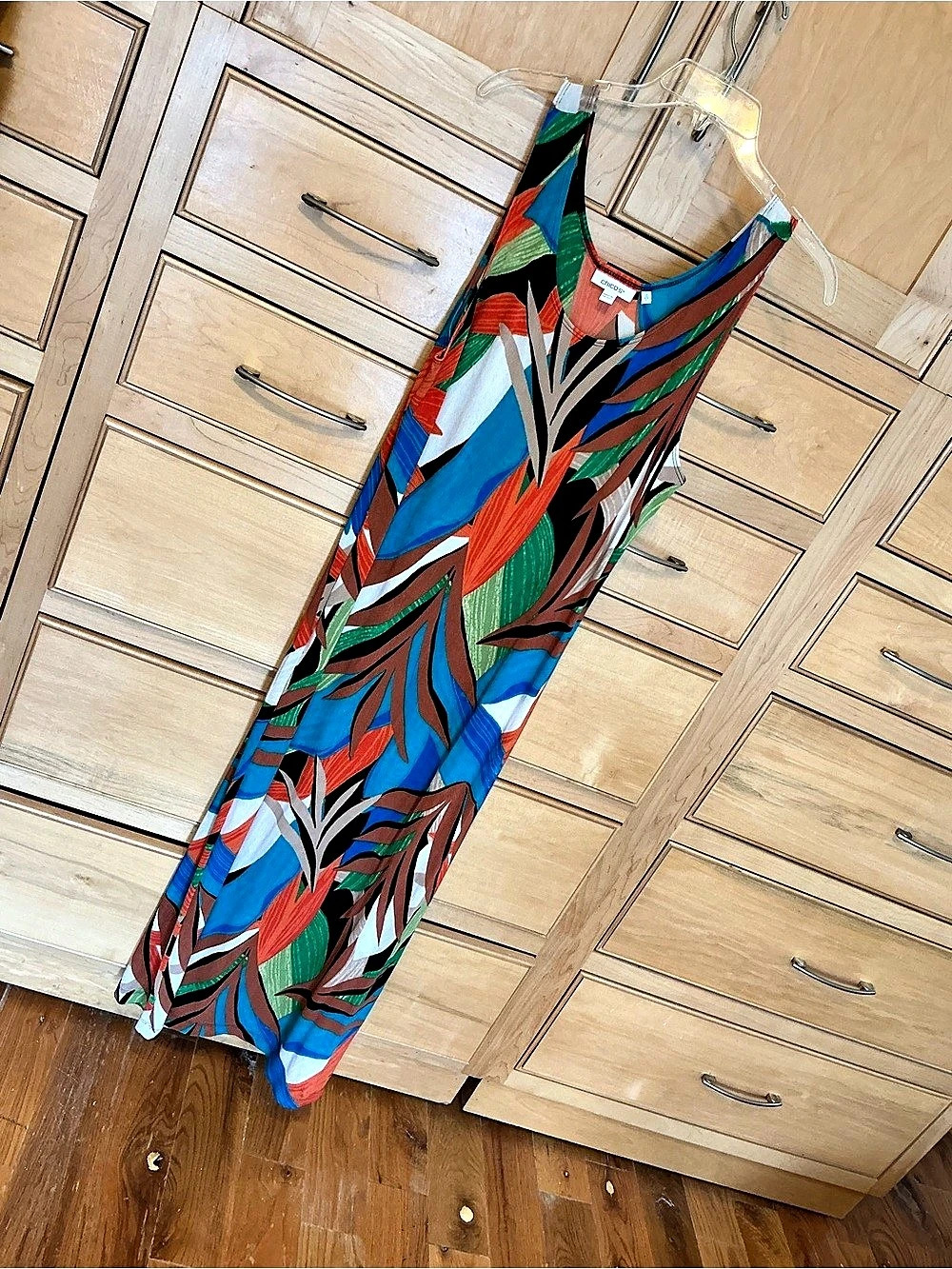 Chico's Abstract Print Maxi Dress Blue Orange Size 2 Like New pullover style